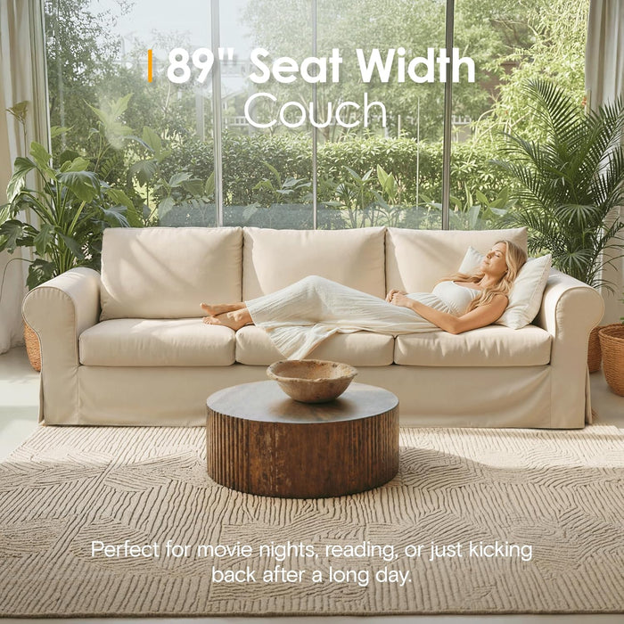 Beige 89Inch ExtraDeepCushionedUpholsteredSofa RemovableCovers