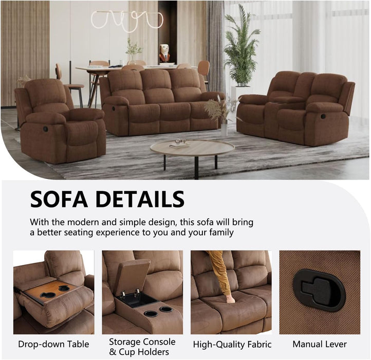 Manual Recliner Sofa Set,Microfiber Reclining Couch Set,Modern Living Room Furniture Set,Reclining Sofa Couch Chair for Living Room Home Office(Brown,3 Pieces Set)