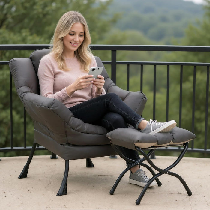 Lazy Chair with Ottoman, Modern Accent Chair Contemporary Lounge Leisure Sofa Chair with Armrests, Reading Chair and Folding Footstool Set for Living Room, Bedroom, Office, Dark Grey