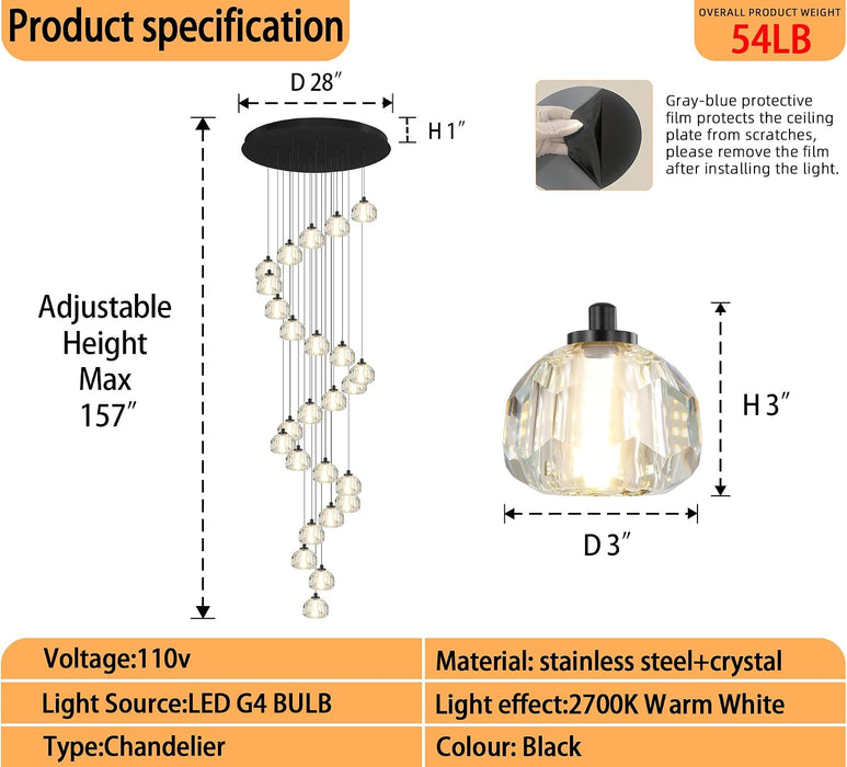 25 Light Black Modern Glam Crystal Ball Chandelier for High Ceiling Staircase Foyer Enterway Living Room Long Crystal Chandelier Lighting