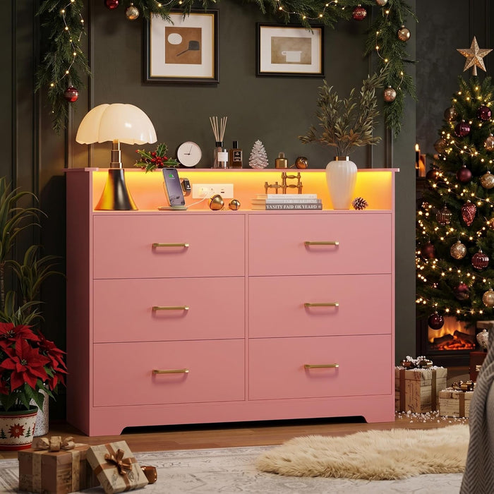 6 Drawer Dresser for Bedroom - 47.2” Wide Double Chest of Drawers with LED Light and Charging Station, Modern Large TV Stand Cabinet Organizer with Open Shelf for Living Room, Entryway, Hallway, Pink