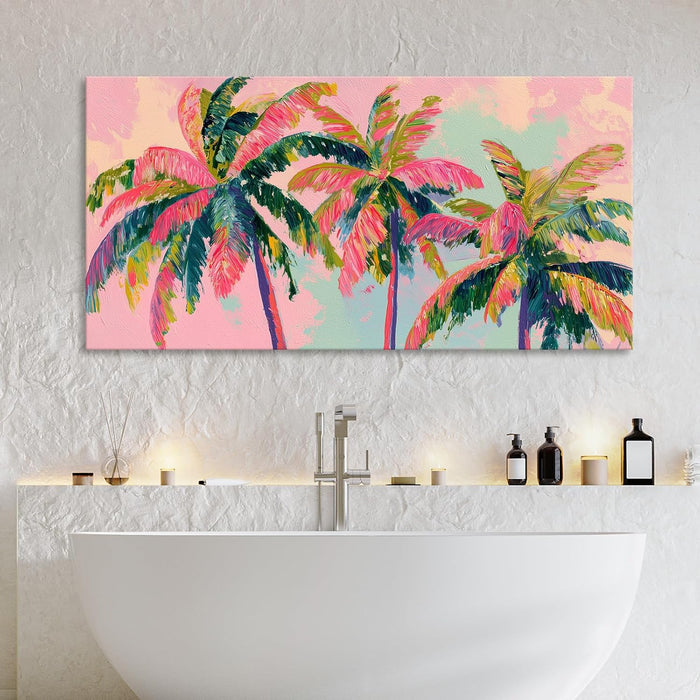 Palm Tree Canvas Wall Art Coastal Seascape Pictures Tropical Botanical Painting Modern Pink Artwork Prints for Bathroom Beach House Bedroom Living Room Home Office Decor Framed 28" X 58"