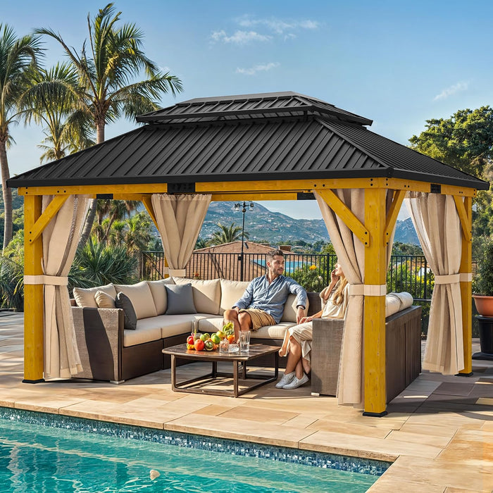 11x13 Ft Golden OutdoorGardenGazeboWithCurtainsNetting