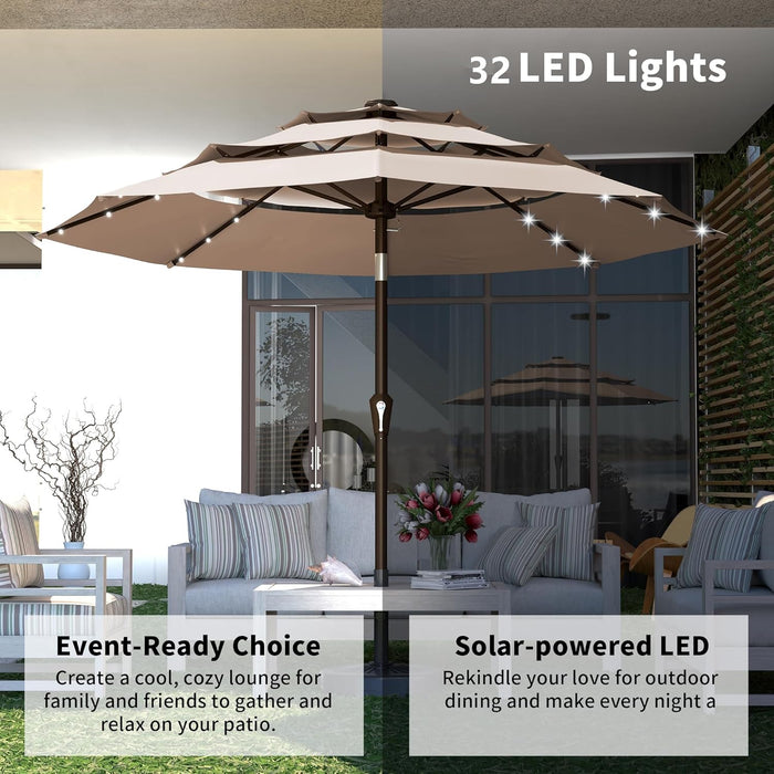 9Ft 3-Tier Patio Umbrella with Solar Lights, Table Umbrella Outdoor Patio with Easy Crank & Tilt, 8 Sturdy Ribs, UV Protection, 32 LED Lights for Deck, Poolside, Market (Beige)