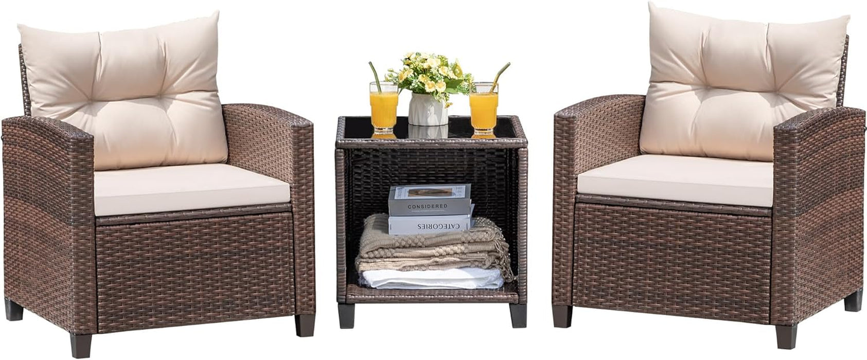 3 Pieces Patio Furniture Set Outdoor Wicker Chairs and Table, Beige