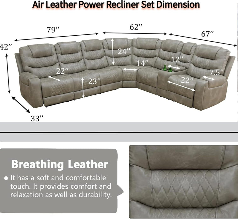 Living Room Furniture Set, Power Reclining Sofa Set, Air Leather Recliners with Built-In USB Ports and Storage Console, LED Reclining Couch Set for Living Room (Grey, Sectional)
