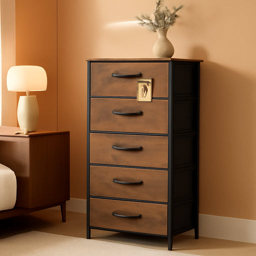 Tall Dresser for Bedroom, 6 Drawer Dressers & Chests of Drawers, Fabric Dresser for Closet, Night Stand with Metal Frame, Storage Tower with Fabric Bins, Wood Top, Rustic Brown Wood Grain Print