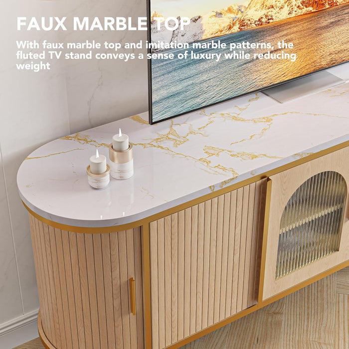 70" Modern Fluted TV Stand, Entertainment Center with Reeded Glass Door, Ajustable Shelves & Sliding Doors, TV Console with Large Storage Space, Media Console for Living Room, Oak