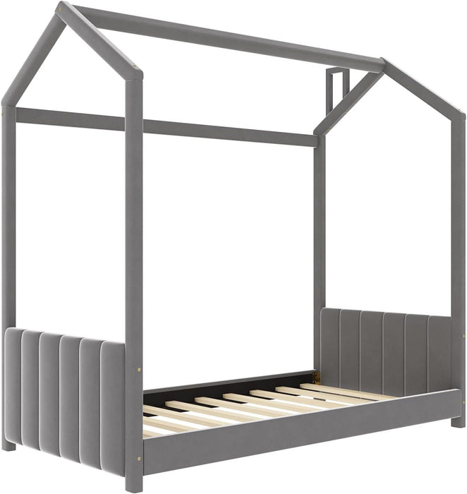 Twin Velvet Playhouse BedFrame NoBoxSpring Grey Finish