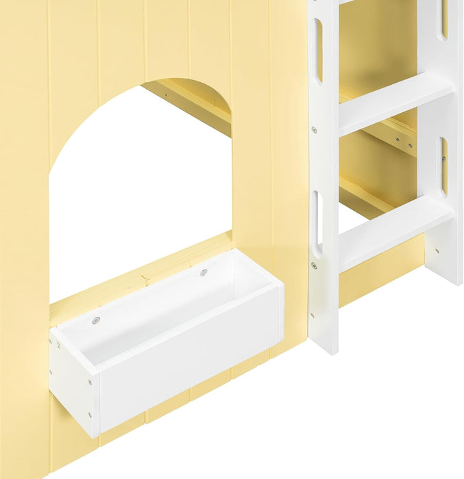 FullSize Wooden Loft Bed WithLEDLightingPlayAreaYellow
