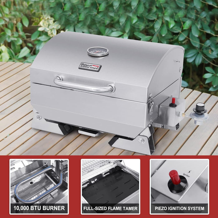 GT1001 Stainless Steel Portable Grill, 10000 BTU BBQ Tabletop Gas Grill with Folding Legs and Lockable Lid, Outdoor Camping, Deck and Tailgating, Silver