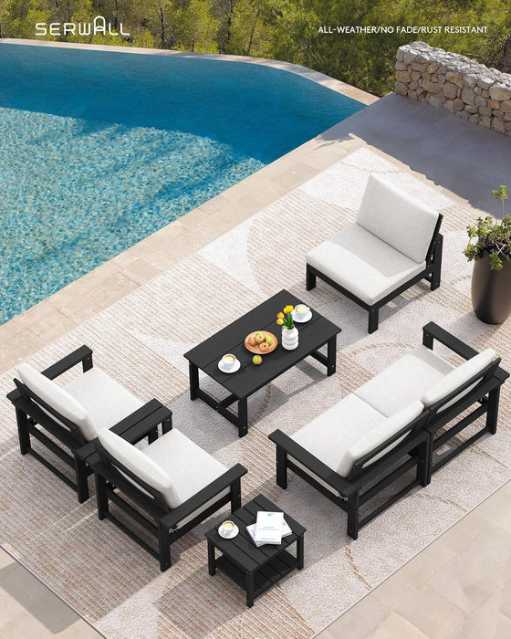 HDPE Outdoor Patio Furniture Set, 7-Piece Outdoor Sectional Patio Conversation Set, All Weather Outdoor Couch Set Patio Sofa Set for Deck, Lawn, Black Frame with Khaki Cushion