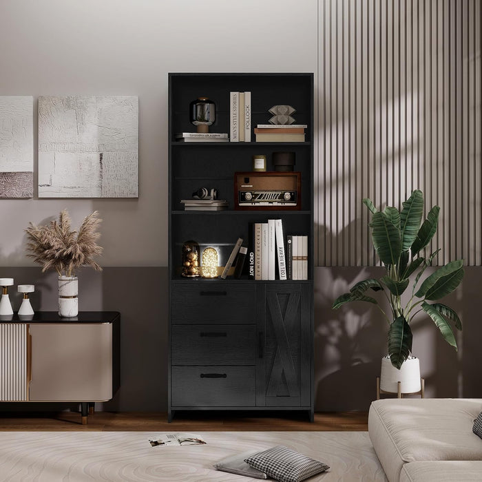 6-Tier Bookshelf with Door and 3 Drawers, 71" Tall Bookcase with 3-Tier Open Shelves, Wooden Book Shelf with Storage Cabinet for Home Office, Living Room, Bedroom, White (Black Bookcase) | with 3-Tier Open Shelves, Wooden Book Shelf with Storage Cabinet for Home Office, Living Room, Bedroom, Black