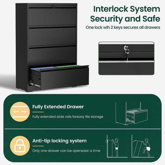 4 Drawer Lateral File Cabinet, Metal Filing Cabinet for Home Office, Black