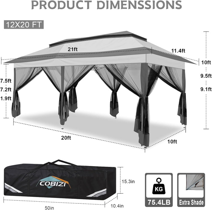12X20 Pop up Canopy Tent - Gazebo, Party Tents for Parties, Carpas Para Fiestas, Large Outdoor Popup Patio Screened Gazebos, Shelter Tents with Net for Backyard, Commercial,Darkgrey