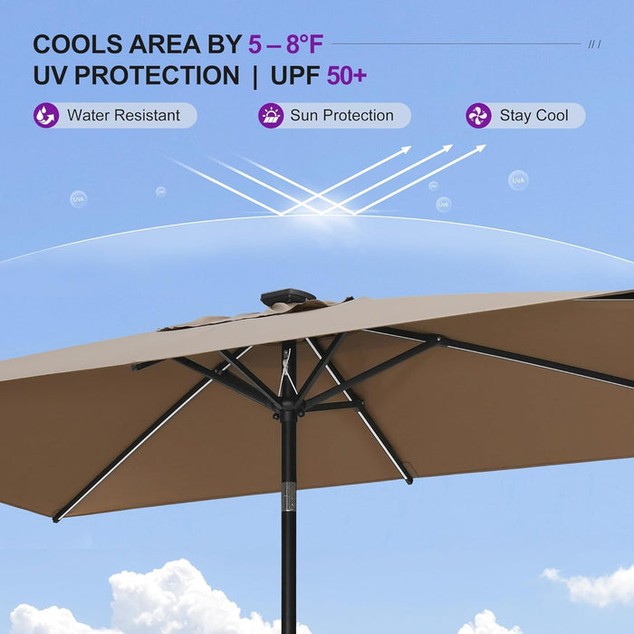 6.5' X 10' Rectangular Patio Umbrella with Solar LED Outdoor Table Umbrella Aluminum Frame Market Umbrella Sun Umbrella for Garden Deck Lawn Pool Taupe
