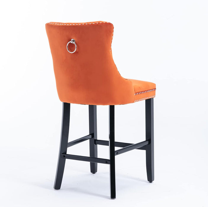 Velvet Upholstered Wingback Bar Stools Set of 2, Button Tufted Counter Height Bar Stool Chairs with Nailhead Trim&Handle Ring, Padded Kitchen Island Barstools W/Solid Wood Frame, Orange