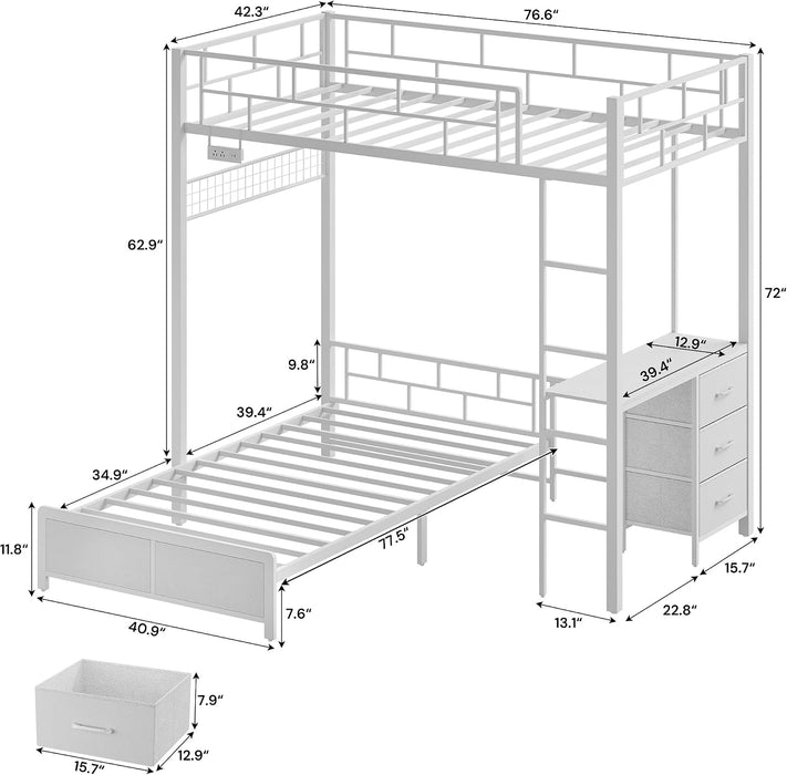 Twin Over Twin White Bunk Bed LShapedDeskWithChargingAndStorage