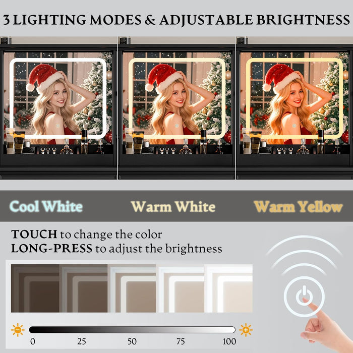 Vanity Desk with HD Lighted Mirror & Power Outlet, Farmhouse Makeup Vanity Table Set with Storage Drawers & RGB Cabinets, Large Dressing Table with 3 Lighting Modes for Women Girls Kids Bedroom, Black