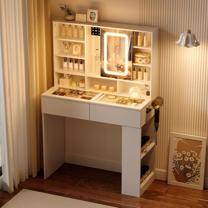 Vanity Desk with Sliding Mirror and Lights, Glass Top Makeup Vanity Table W/Shelves & Hidden Jewelry Storage & Power Outlets & Hairdryer Holder,54In White Dressing Table Gifts Girls