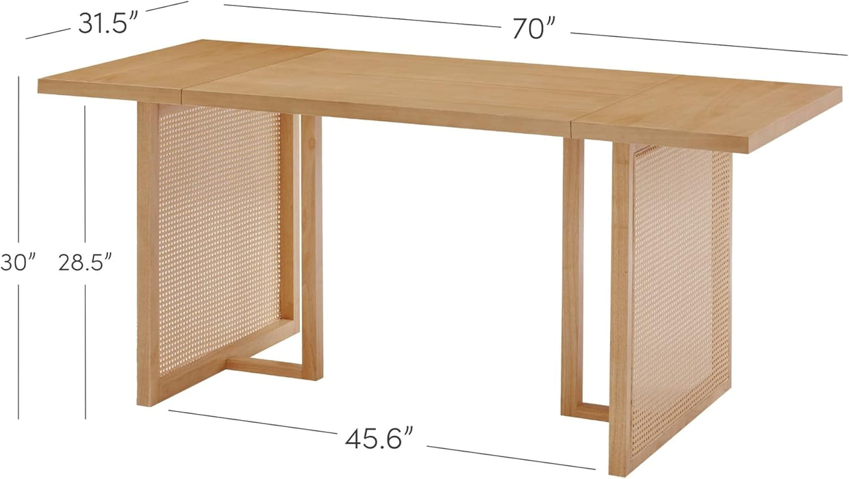 Willow Boho Dining Table for 6 with Solid Wood Legs, 6-Person Natural Wood Dining Table, Warm Pine or Brown Dining Table with Bohemian Rattan Accent