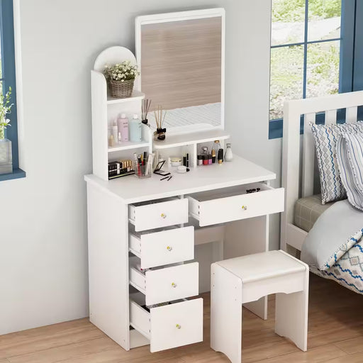 5-Drawers White Makeup Vanity Table Wooden Dressing Desk with Mirror and 3-Tier Storage Shelves 55.1 X 31.5 X 15.7 In.