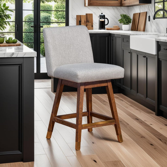 Basila Modern Farmhouse 26" Seat Height Swivel Bar Stool for Kitchen Island Counter in Brown Oak Wood with Taupe Fabric