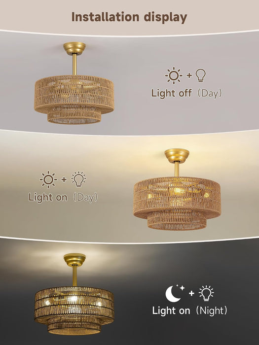 Boho Caged Fandelier with Lights Flush Mount Rattan Ceiling Fan