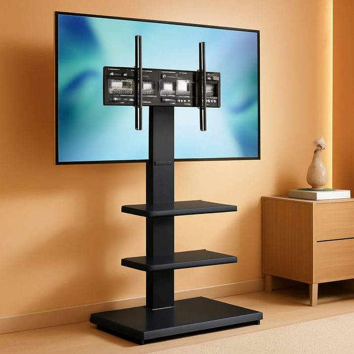 Iron Base Universal Floor TV Stand with Swivel Tilt, TV Mount Stand for 32-75 Inch Screens, Corner TV Stand with Height Adjustable Entertainment Shelves (Black)