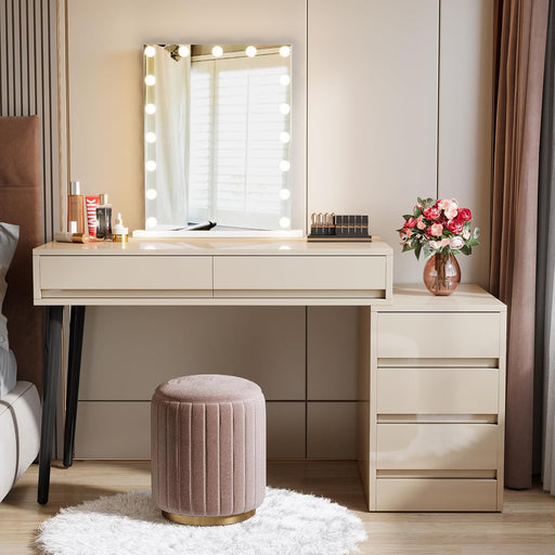 Vanity Desk with 5 Drawers, Makeup Table with Reversible Drawer Cabinet Printer Stand, Modern Computer Desk Dressing Table for Bedroom Office, Gloss Beige (No Mirrors)