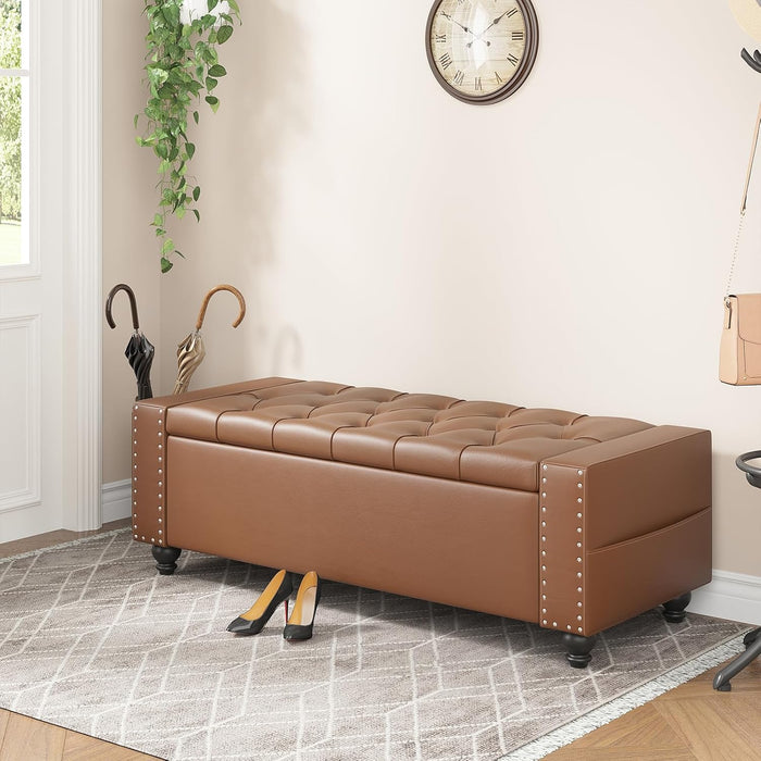 Storage Ottoman Bench, 49 Inch Bedroom Bench, Upholstered Ottoman with Storage, Entryway Bench with Tufted Button, Faux Leather Window Bench for Bedroom, Living Room, Entryway, Hallway, Brown