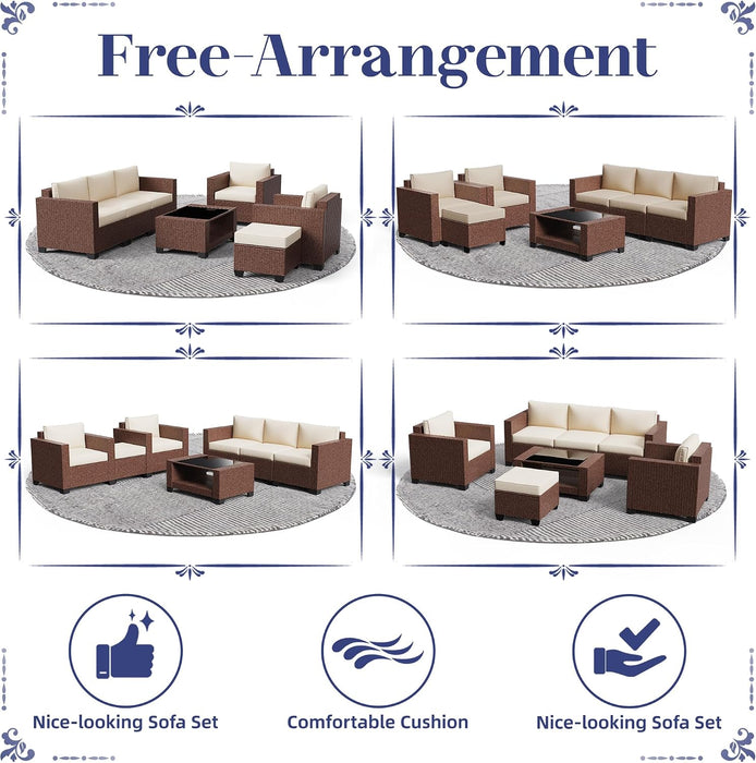 Patio Furniture Set 7 PCS Patio Conversation Sets, All-Weather PE Rattan Outdoor Sectional Sofa with Cushion and 2- Tier Glass Coffee Table（Brown/Beige）
