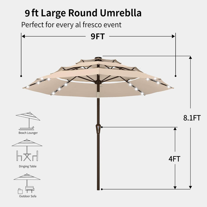 9Ft 3-Tier Patio Umbrella with Solar Lights, Table Umbrella Outdoor Patio with Easy Crank & Tilt, 8 Sturdy Ribs, UV Protection, 32 LED Lights for Deck, Poolside, Market (Beige)