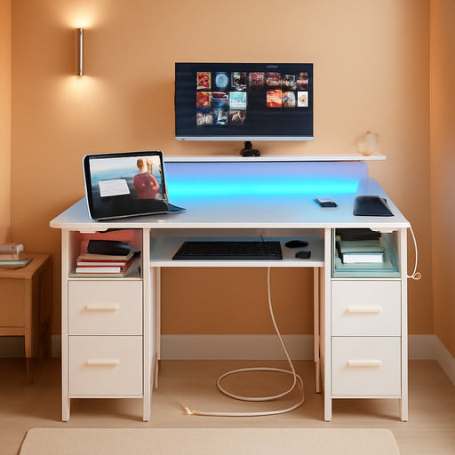 Computer Desk 47.2" with LED Lights & Power Outlets, Home Office Desk with 4 Drawers, Writing Desk with Keyboard Tray, Study Desk with Monitor Stand, Work Desk for Home Office, White