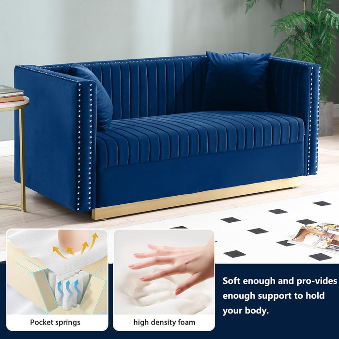 Velvet Sofa Set: Modern L Shaped Couch and Loveseat Set with Gold Metal Legs and Nailhead for Living Room, Apartment and Office (Blue)