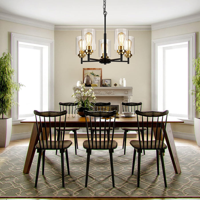 19.8'' 5-Light Chandelier for Dining Room Kitchen Island, Modern Farmhouse Pendant Lighting with Glass Shades Industrial Black Hanging Ceiling Light Fixture for Living Room, Height Adjustable