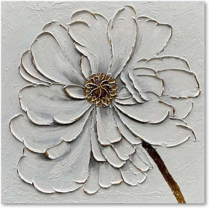 Art 24X24 Inches Hand-Painted Golden Texture White Flower Oil Painting. Modern Abstract Art. Suitable for Decoration on Walls of Living Room, Bedroom or Office