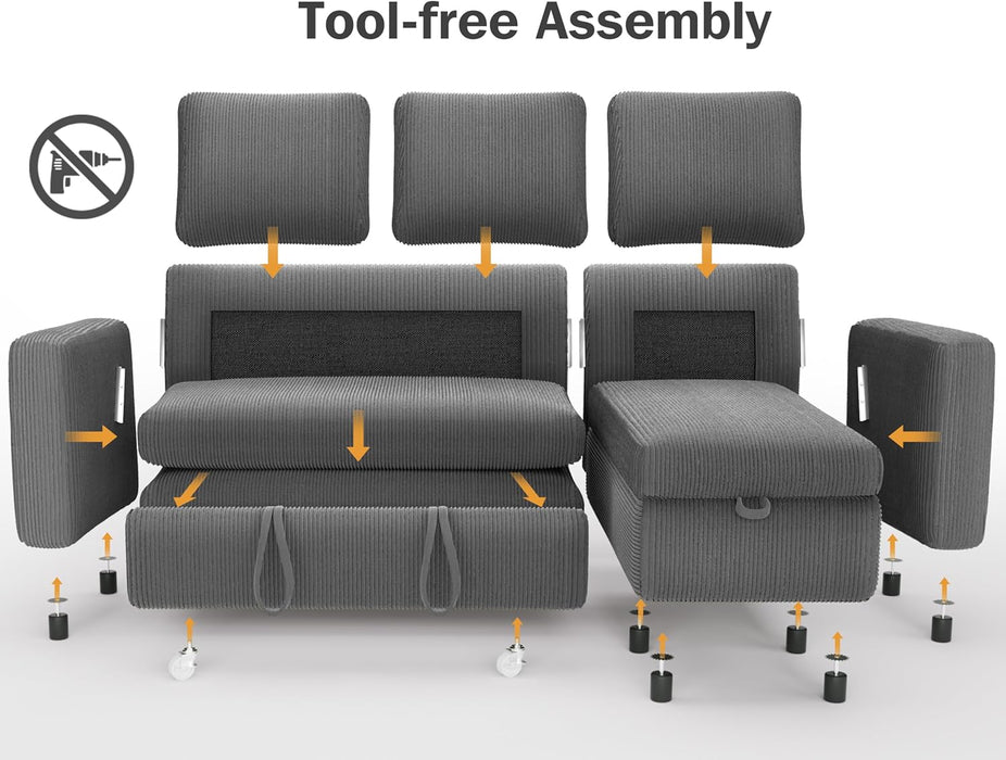 81 Inch CorduroyVelvet GreyTone Sleeper Sofa Pullout