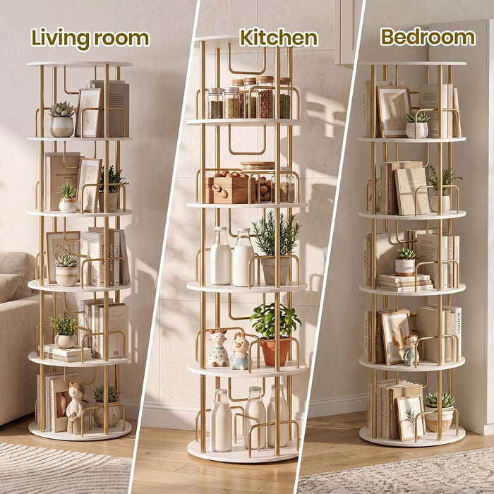 360° Rotating Bookshelf, Revolving Bookcase with Open Display Storage, round Book Shelf Tower, Freestanding Space Saving Vertical Storage Organizer for Living Room Bedroom, Corner Furniture