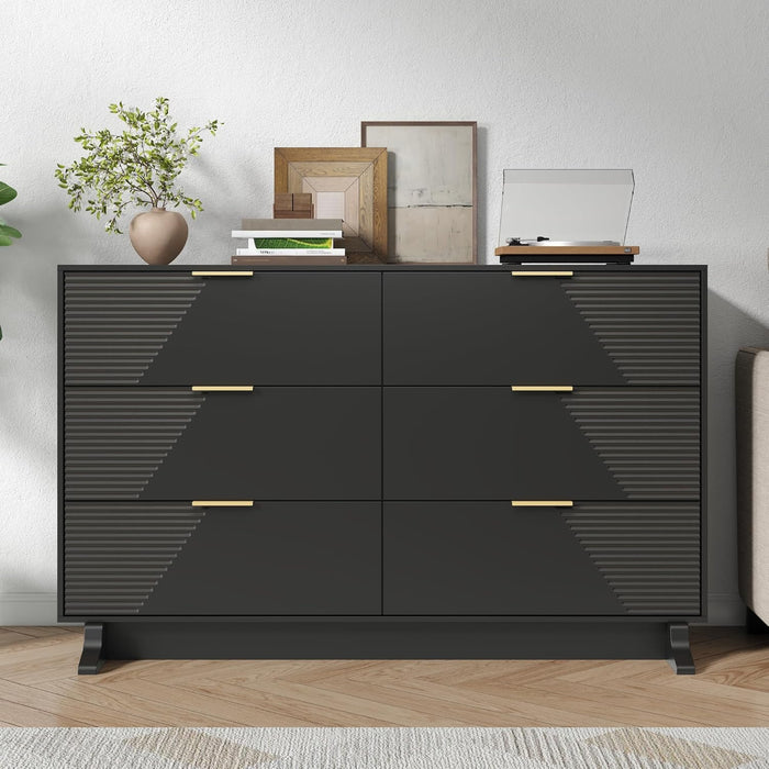 47.24" Wide Dresser for Bedroom, 6 Drawer Black Dresser with Fluted Design & Gold Metal Handle, Chest of Drawers Dressers with Sturdy Base, Wood Dressers for Bedroom, Living Room, Hallway