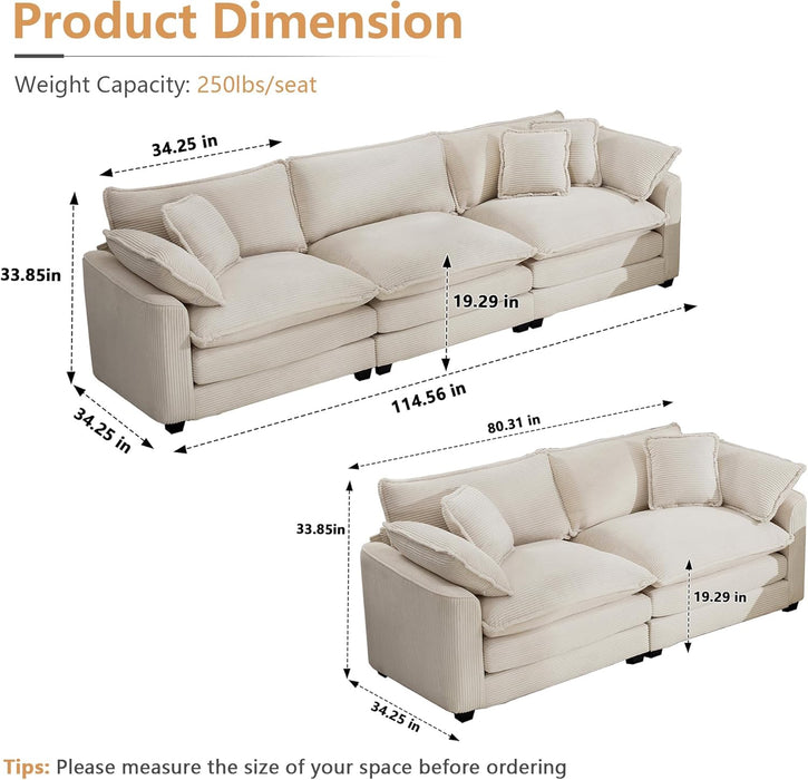 Oversized 2 Piece Sofa Set for Living Room, 3-Seater & Loveseat Couch, Modular Sectional Deep Seat Corduroy Comfy Cloud Couches with 4 Armrest Pillows and 5 Toss Pillows, Beige
