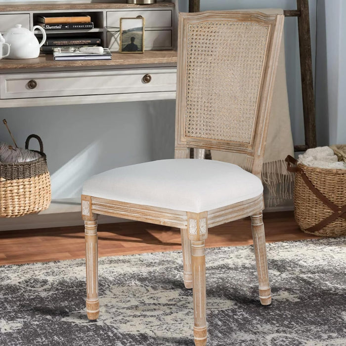 Dining Chairs Set of 2 Beige Rattan Square Back with Solid Wood Legs and Frame for French Country Kitchen Dining Room