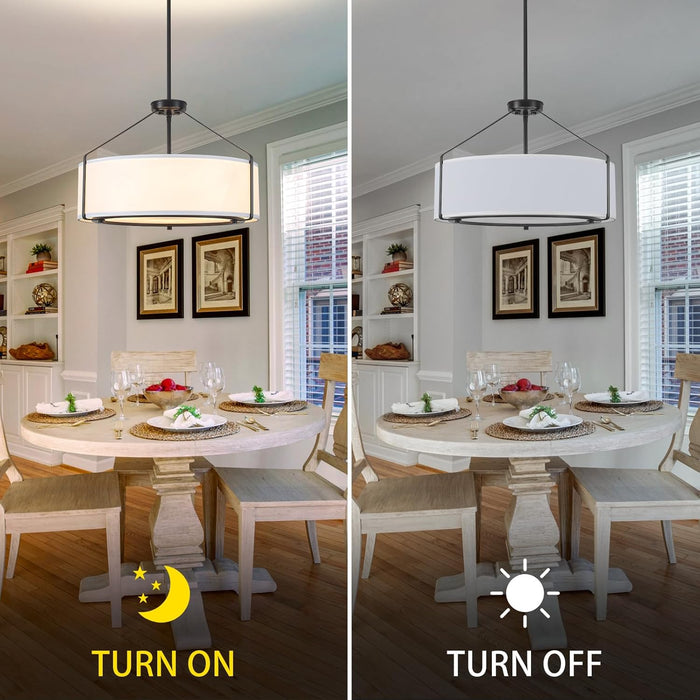 20Inches Drum Chandeliers, 5-Light Modern Farmhouse Pendant Light Fixture with White Linen Fabric Shade, Black round Adjustable Hanging Lights for Dining Room Bedroom Kitchen Foyer Entryway