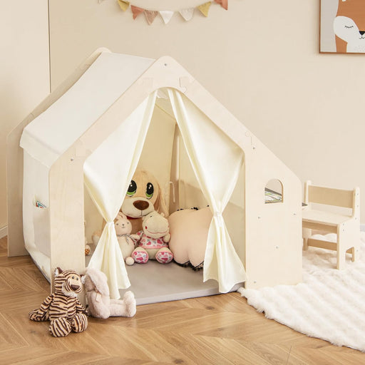 Kids Tent, 6-In-1 Wooden Frame Play House with Table and Chair Set, Blackboard, Side Storage Bag & Soft Floor Mat, Indoor Playhouse for Boys Girls Aged 2-6 Years Old