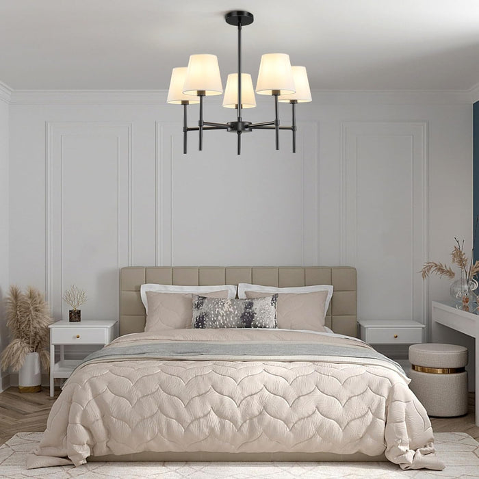 Dining Room Chandeliers Light - 5-Light 25.6 Inch Black Modern Chandeliers Light Fixtures with White Fabric Shade, Height Adjustable Pendant Island Lights for Entryway Farmhouse