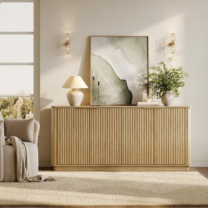 63" Fluted Sideboard Buffet Cabinet with Storage, Oak Modern Wood Credenza Media Console with 4 Doors, Mid Century Sideboard for Living Room Kitchen Entryway