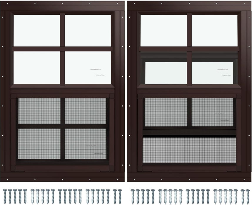 2 Pack Shed Window, 18" W X 23" H Flush Mount Window with Tempered Glass for Sheds, Chicken Coops, Garage and Playhouse (Brown)