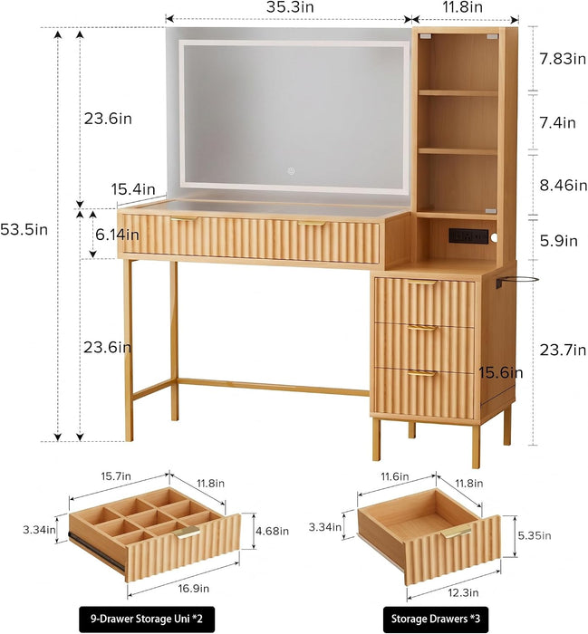 48" Makeup Vanity Desk with Mirror & Lights, Glass Top Table for Bedroom | Wooden Vanity Table, 5 Drawers, 3 Adjustable Shelves, Built-In Charging Station, 3 Color Lighting Modes, Bedroom Dressing