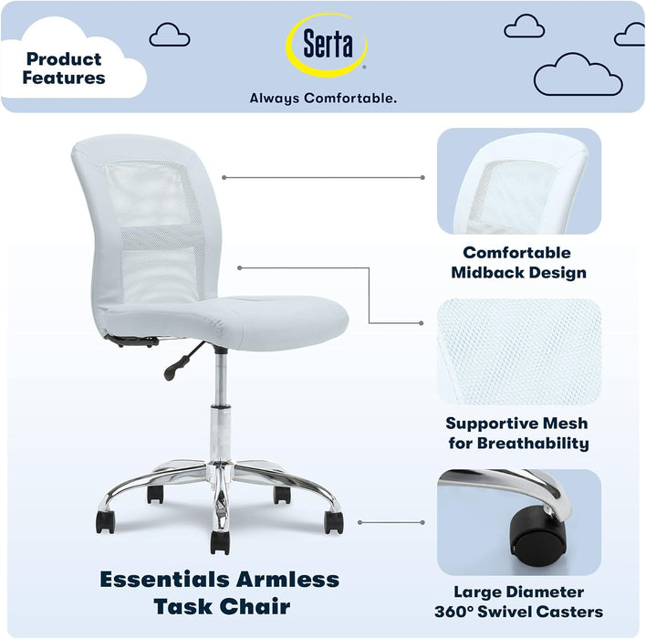 Essential Armless Deskchair, Small Task Chair with Wheels, Breathable Mesh Back, quality Foam Cushion Seat for Comfort, Functional, Lightweight and Versatile, Sky Blue