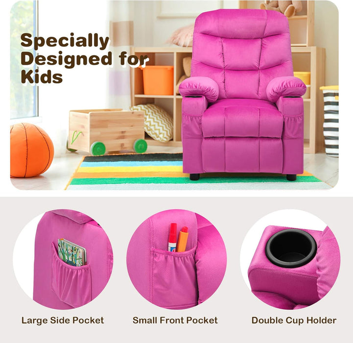 Kids Velvet Recliner Chair with Cup Holder, Footrest & Side Pockets for Children Boys Girls Baby Bedroom, Adjustable, Ergonomic Toddler Furniture Sofa Gifts (Rose)